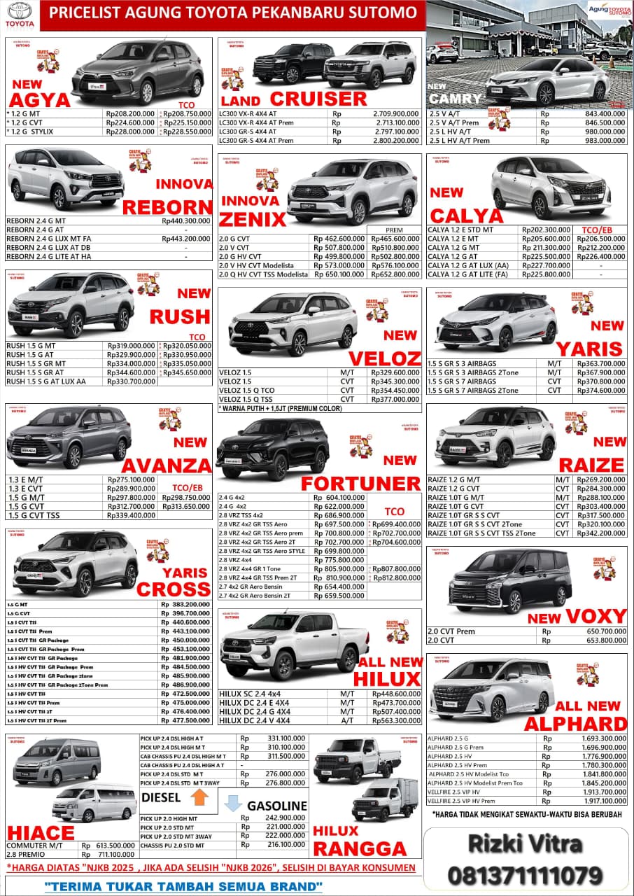 Pricelist Agung Toyota Pekanbaru Sutomo